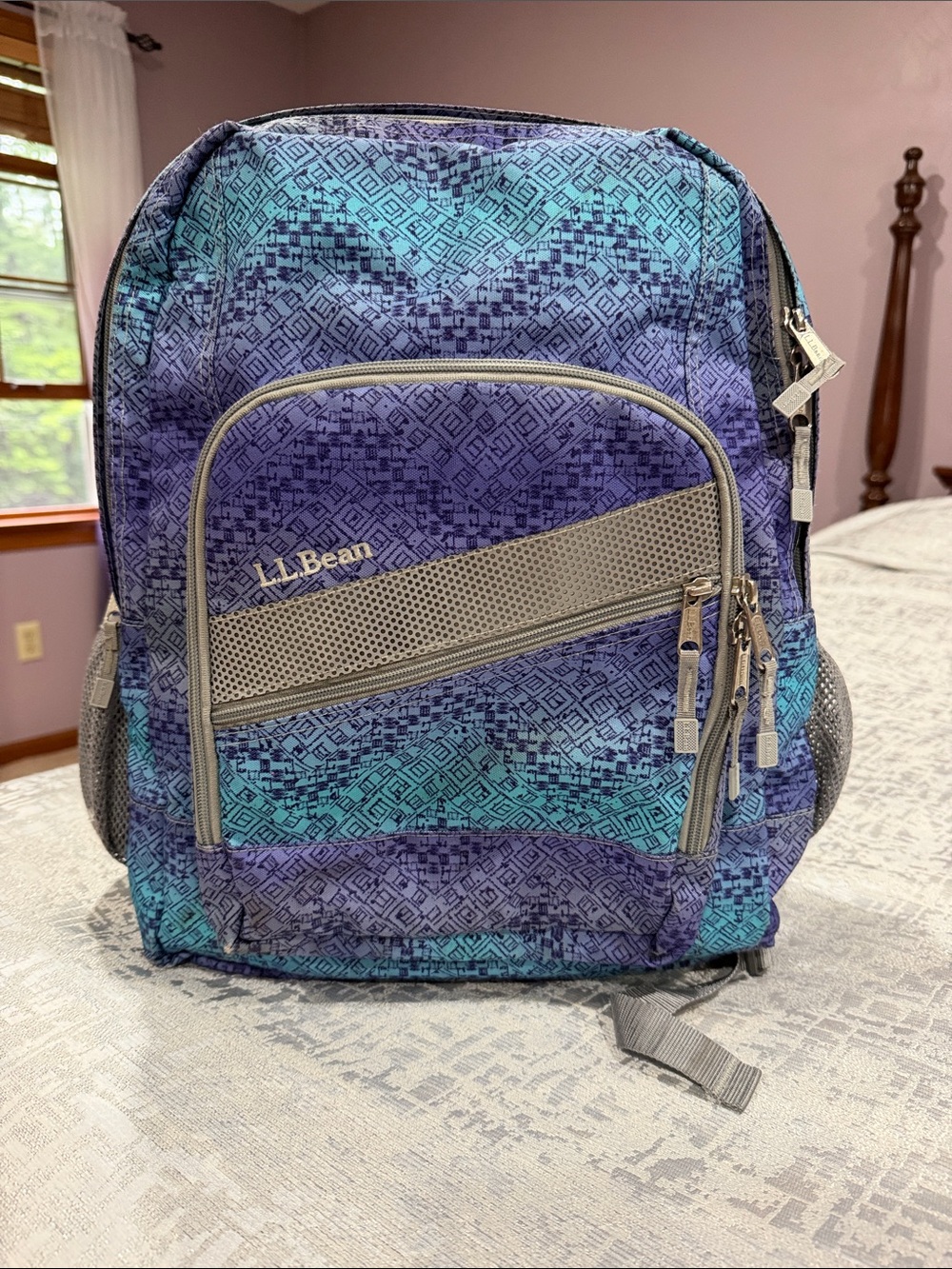 L.L. Bean Teal and Purple Geometric Backpack
